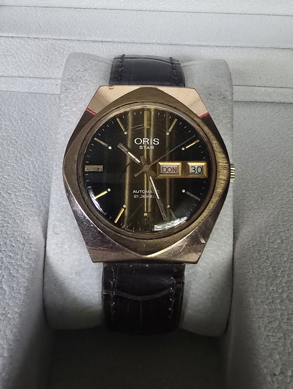 Oris Star Gold-Tone Case with Black Dial and Brown Strap